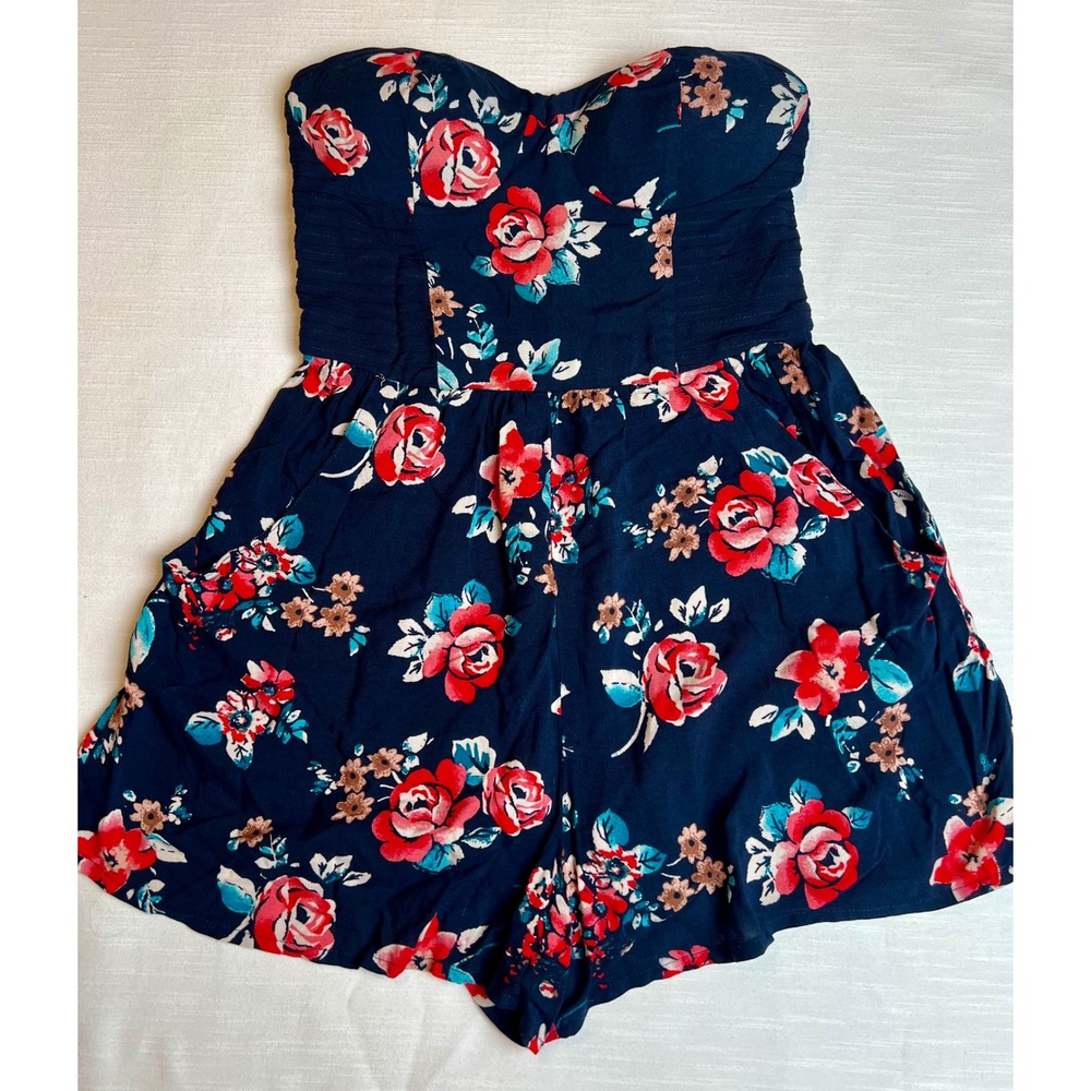 Xhilaration Navy Blue Floral Strapless Romper Sweetheart Neckline XS